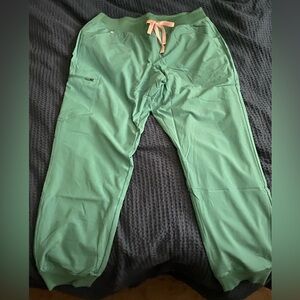 Figs Women's Scrub Jogger Pants in Mint with Peach Drawstring